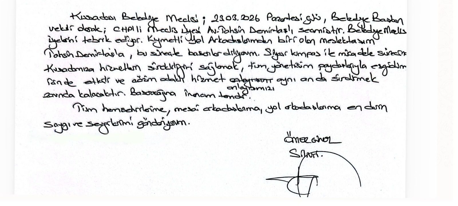 BAŞKAN ÖMER GÜNEL'DEN VEKİL TAHSİN DEMİRTAŞ'A TEBRİK MESAJI