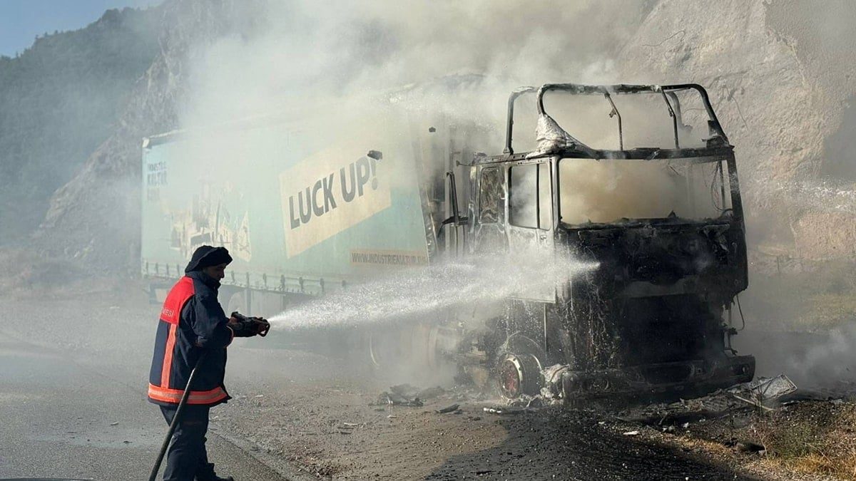 Artvin'de seyir halindeki TIR alev alev yandı